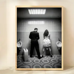 1PC Unframed "Gender Equality" Mural with Man and Woman Using Urinals Canvas Print Poster Vintage Funny Art Prints Bathroom Wall Art Modern Home Decor