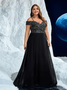 Elegant Backless Sequined Spaghetti Strap Dress, Plus Size Chiffon Evening Gown for Parties, Large Swing Hem Party Dress