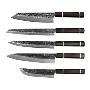 Tsuchime Japanese Knife Set Series, For Pro Kitchens & Home Mastery, 3 / 4 / 5 Kits Selectable, Midnight Black Hand-Forged Pattern Blade, Flat Grind Precision Edge, G10 Ebony Octagon Grip – Culinary Master & Collector Gift | Kajiya Unnan