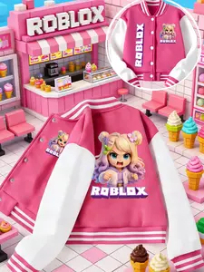 Girls' Junior Roblox Cartoon Print Baseball Jacket Set, Spring & Fall Casual Outerwear, Comfortable Sporty Style, Perfect Gift for School Year, Striped Trim Jacket