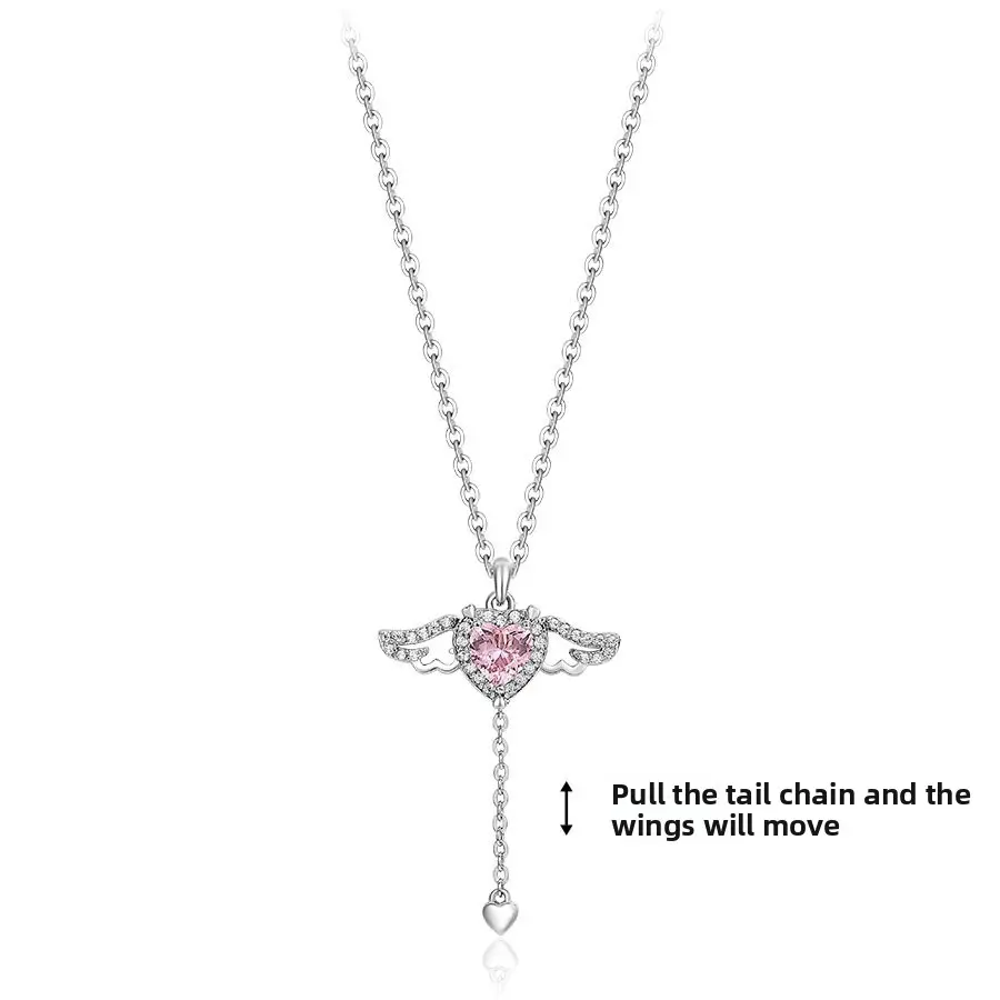 Fairycore Wings Pendant Necklace with Pink 5A CZ Heart, Dainty Clavicle Chain for Women, Daily Costume Jewelry, Women's Fashion, Dainty Wings