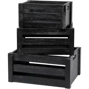 Large Classic Black Wooden Crates for Display, Set of 3 Wood Crates With Handles, Rustic Handmade Wood Boxes for Storage or Display, Solid Wood Decorative Boxes (Classic Black)