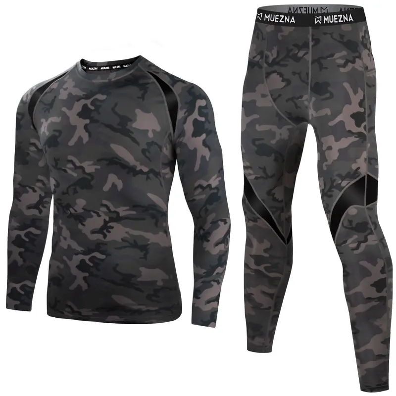 Muezna Men's 2-Piece Lightweight Thermal Underwear Set - Athletic Long Sleeve Top & Pants, Soft Fleece Lined Activewear, Antistatic Breathable Underclothes, Stretchy Sporty Base Layer for Gym
