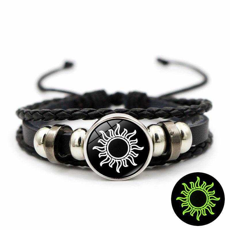 Cross-border New Product 2025 Sun Moon Lovers Leather Bracelet Vintage Punk Multi-Layer Beaded Woven Bracelet Couple Gift 17cm Chain Length PU Leather Glass Sheet Daily Wear