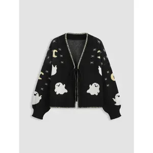 Cider [size 2-10] Knit V-neck Ghost Graphic Knotted Cardigan
