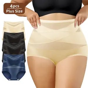 Women's 4Pcs Plus Size Cross High-Waist Shaping Panties - Tummy Control, Compression, Hip-Lifting, Post-Partum Belly Support, Summer Lightweight Breathable Daily Essential Shapewear Underwear