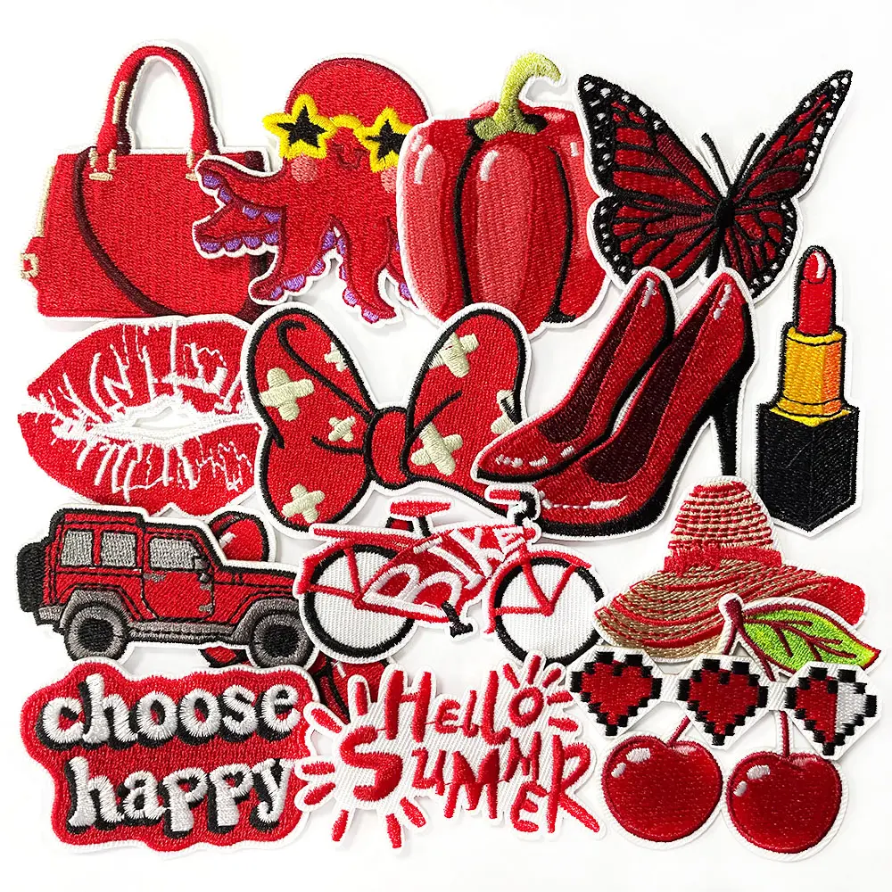 16PCS Vibrant Red Iron On Embroidery Patches Fashion Decorative Sew On Cute Appliques Accessories for DIY Clothing Jackets Jeans Hats Backpacks Socks