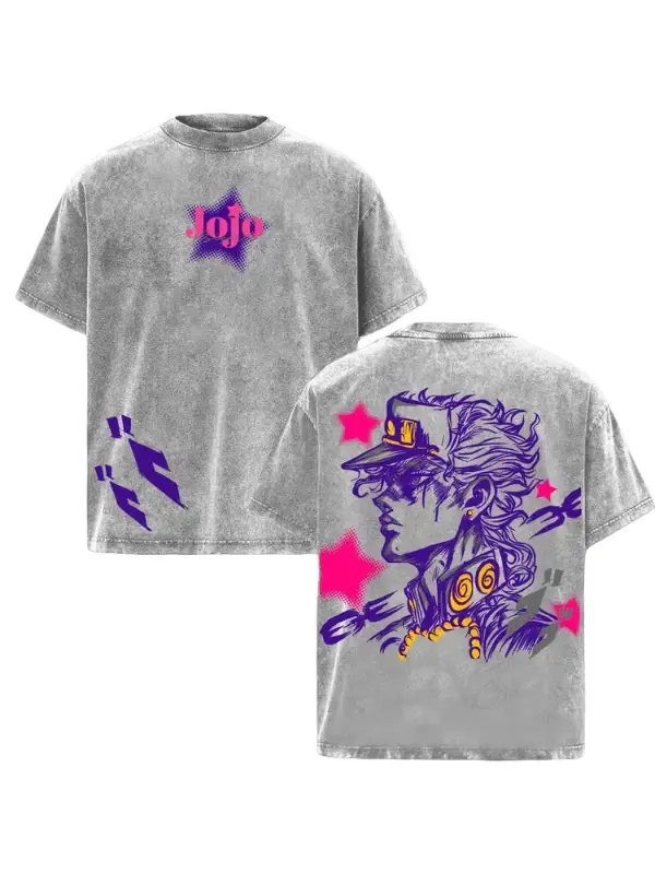 Jojo's Bizarre Adventure Jotaro Kujo Vintage Acid Washed Graphic T-Shirt, Double-Sided Print Oversized Heavy Cotton Unisex Anime Streetwear Tee, Retro Manga Stardust Crusaders Casual Top, Perfect Gift for JOJO Fans, Off Campus Outfit, Me Core Fashion