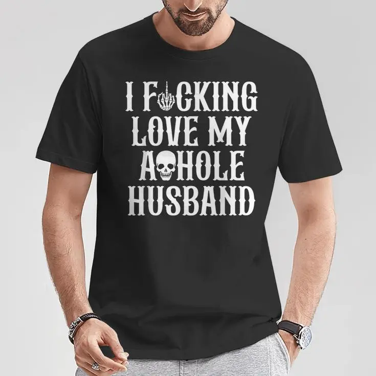 Men's 100% Cotton Graphic T-Shirt - Unisex Top, Humor Graphic Tee, Funny Wife Skull Design, "I Fucking Love My Husband" Print, Premium Fabric, Casual Style