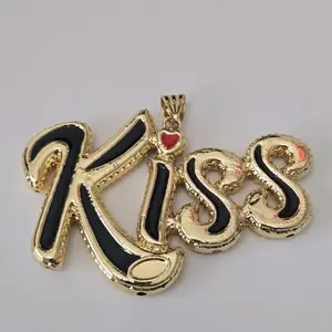 18K Gold Plated Bold KISS pendant with  black
