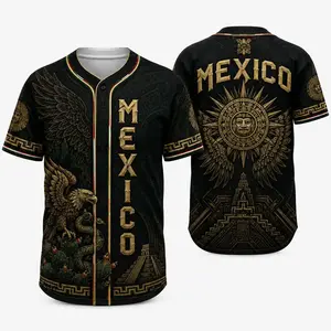 Mexico Inspired Black Baseball Jersey – Golden Eagle Aztec Calendar Fan Shirt