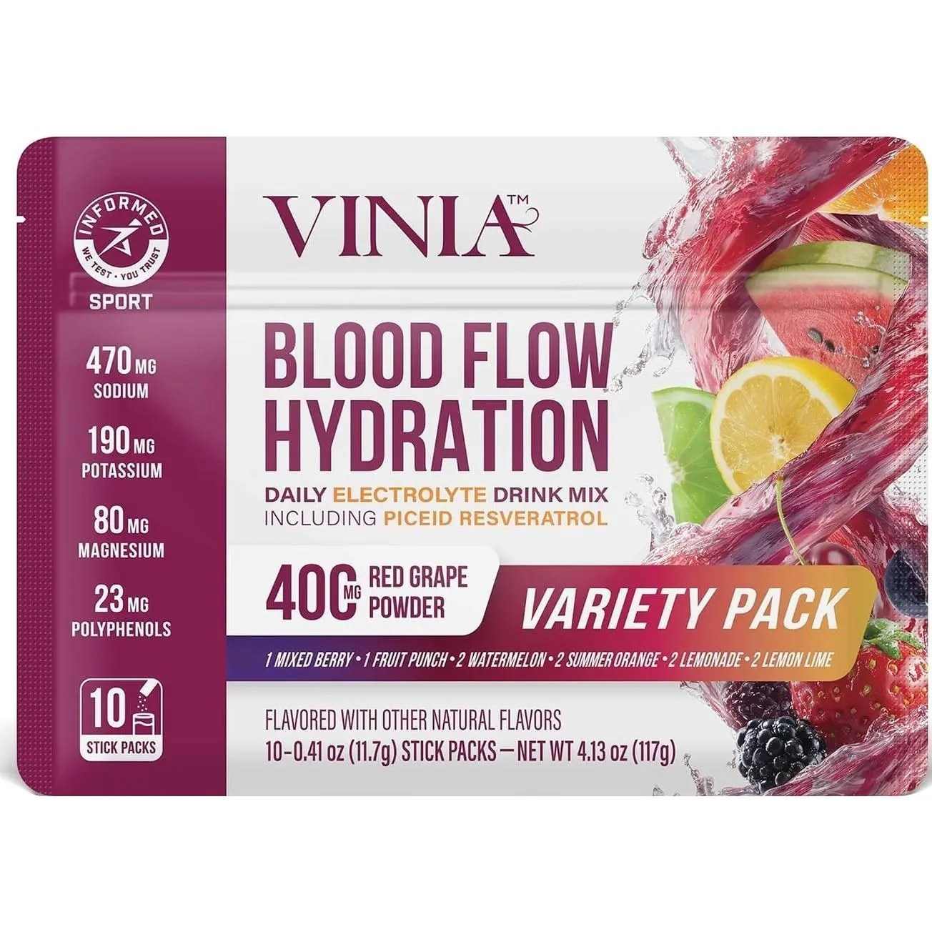 VINIA Resveratrol Electrolyte Hydration Powder Mix | Boost Blood Flow & Circulation | Sea Salt, Coconut Water Potassium, Magnesium, Informed Sport Certified