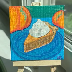 Pumpkin Pie acrylic marker painting by Kaylee Rota 4in by 4in fall mini cookbook pumpkins apples green red autumn slice cherry fruit leaves
