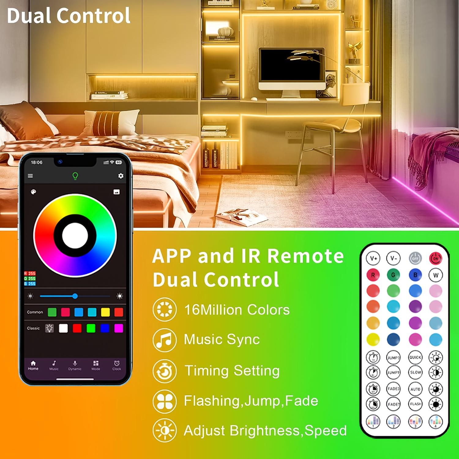 Smart RGB Strip Light 3.28 - 100ft Music Sync Stepless Dimming Timer App 44-key Remote USB Powered for Bedroom Living Room Kitchen Bar Corridor Party Wedding Halloween