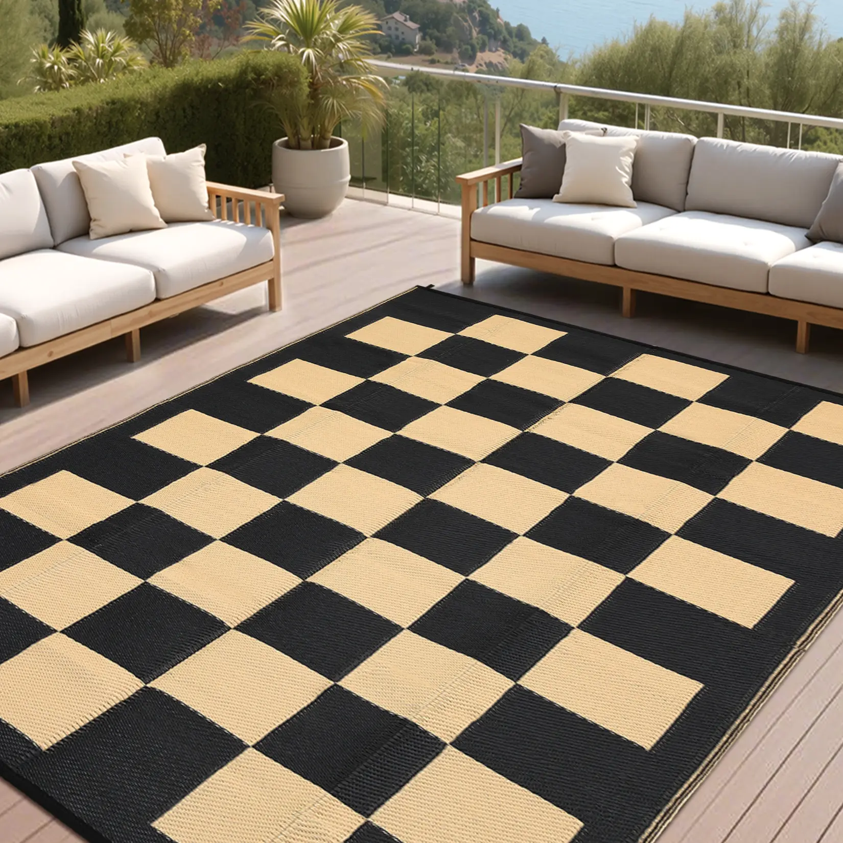Modern Plaid Outdoor Rug Washable Double-sided Plastic Straw Rug For Porch RV Balcony Patio Camping Beach Deck