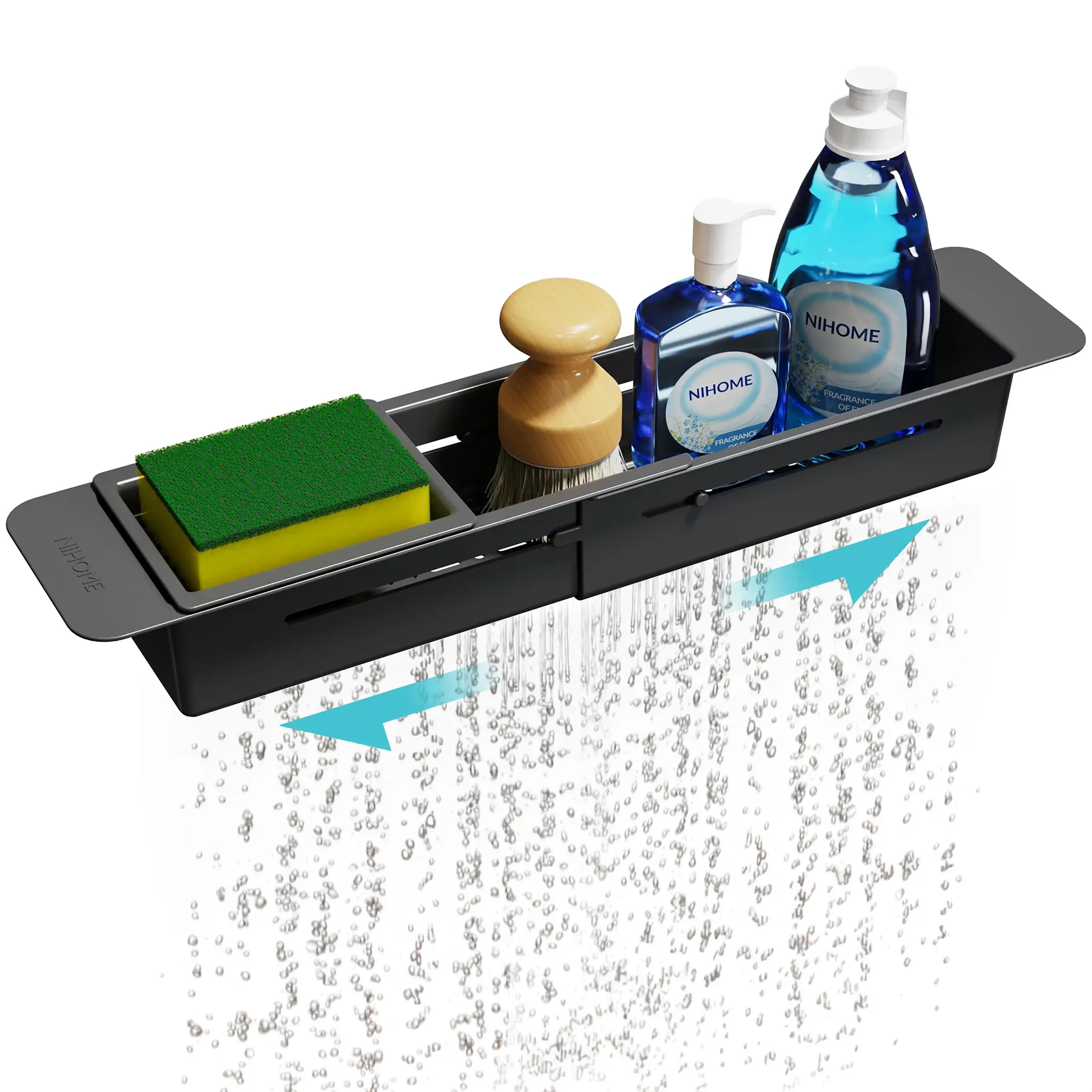 NiHome Extendable Over-Sink Household Kitchen Organizer - Telescopic Multifunctional Storage Shelf, Rectangle ABS Plastic Drawer Tower, Non-Slip Pads, Quick Drainage Holder for Sponges & Brushes
