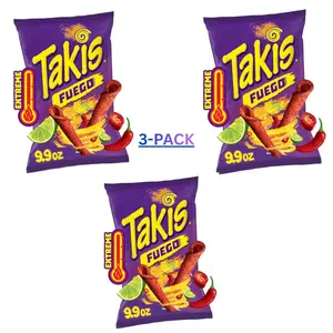 Takis Fuego 9.9 oz Sharing Size Bag Hot Chili Pepper & Lime Rolled Tortilla Chips Pack of 3 Crunchy Snacks for Spicy Lovers - Crispy
