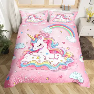 Cute Unicorn Duvet Cover,Pink Cartoon Unicorn Magical Animal Decor Bedroom Decor Quilt Cover,Dreamy Horse Bedspread Cover,No Comforter