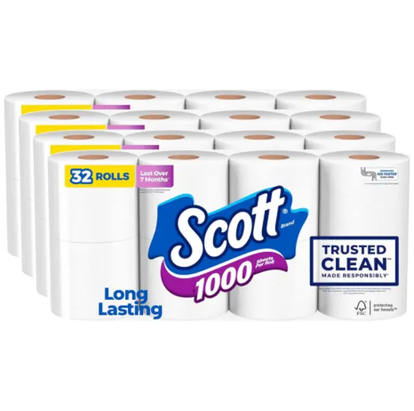 Scott 1000 Trusted Clean Toilet Paper, 32 Count, 1-Ply, Septic-Safe Toilet Tissue