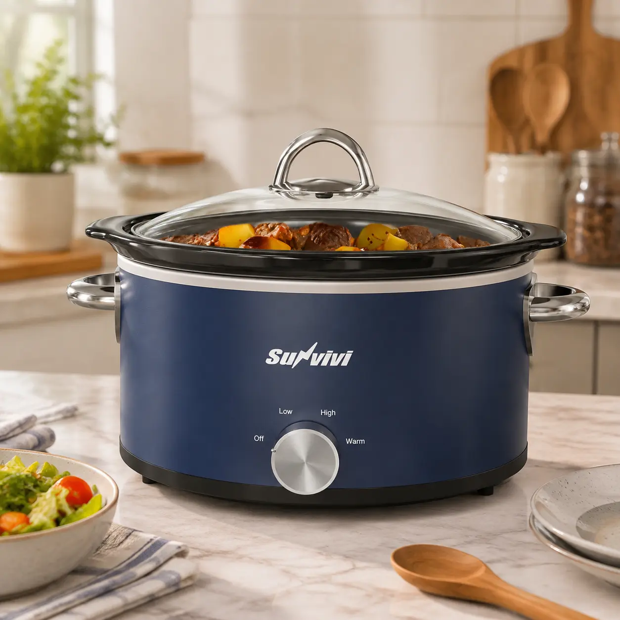 Sunvivi 3-Qt Slow Cooker & Mini Food Warmer - 3 Heating Settings, Removable Ceramic Pot, Dishwasher-Safe Glass Lid, Stainless Steel Construction, Blue Finish Kitchen Household Essential,one-touch operation，dishwasher-safe part，crock kitchen appliances