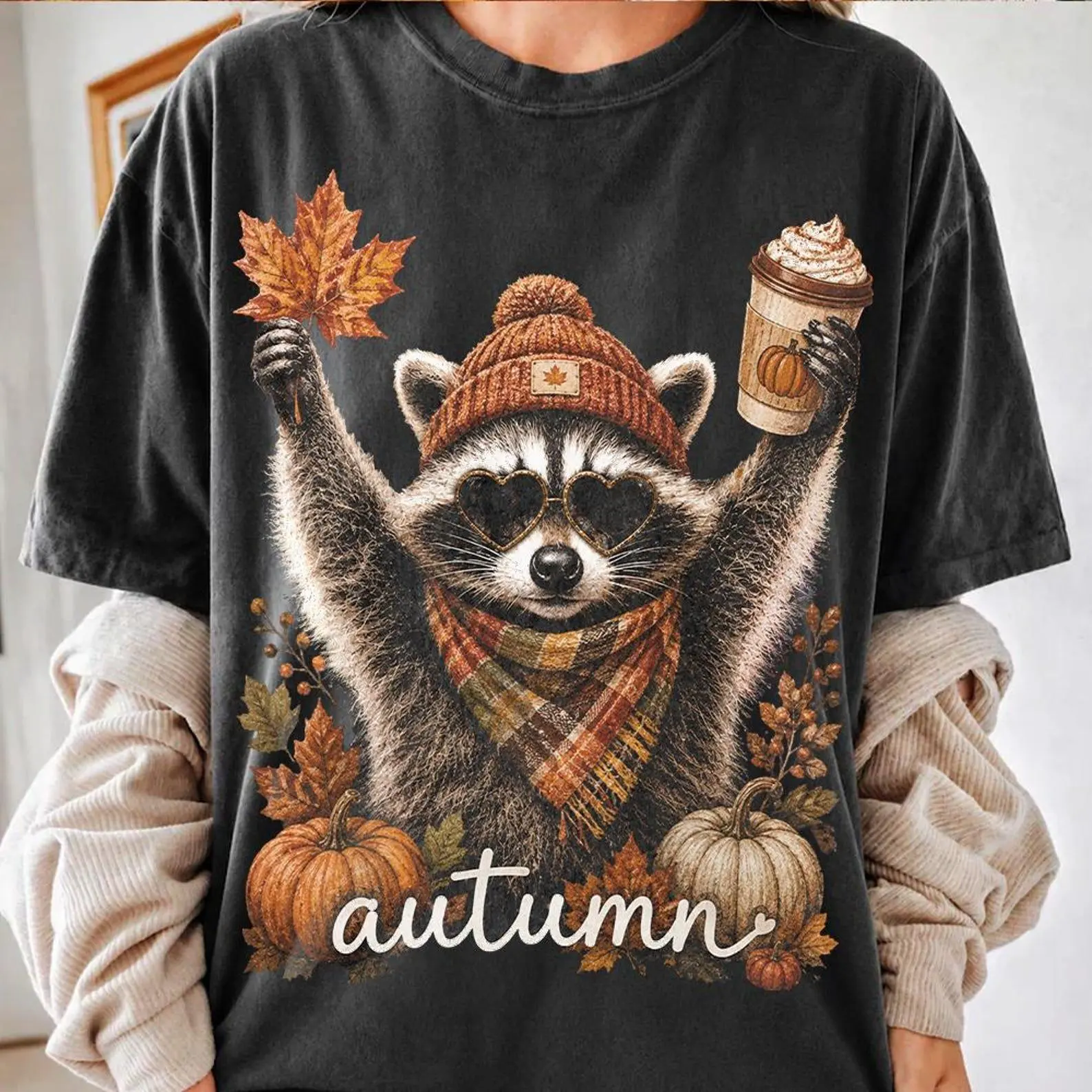 Comfort Colors Autumn Raccoon Pumpkin Latte T-Shirt, Cute Fall Vibes Graphic Tee, Pumpkin Spice Shirt, Cozy Autumn Animal Gift
