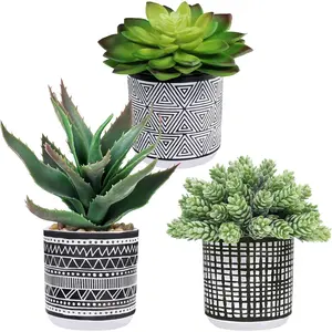3-Piece Assorted Small Artificial Succulent Plant Set in Black-White Geometric Ceramic-Plastic Pots, Indoor-Outdoor Decoration for Table Centerpiece, Entryway, Kitchen Home Decor Greenery