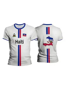 Haiti Patriotic Flag Short‑Sleeve Soccer Jersey Tee, Special Edition Jersey with Stripes, National Coat of Arms & Palm Tree Pattern, Breathable Quick‑Dry Mesh Fabric for Haitian Patriots, Football Supporters, Casual Daily Wearers