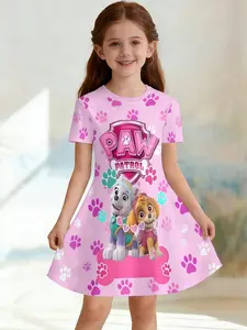 Girls' Paws Patrol Zhu Zhu 3D Printed Dress, Light Short Sleeve A-Line, Perfect for Parties and Birthdays, Cute Casual, Summer Dress
