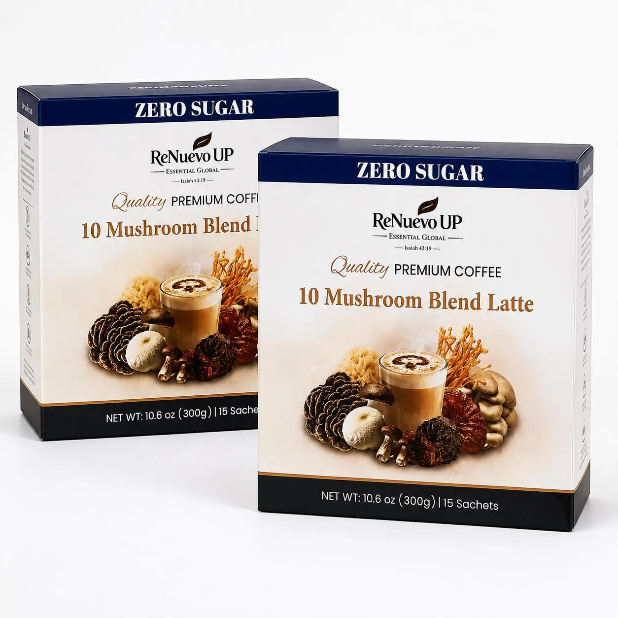 ReNuevo UP 10 Mushroom Coffee Latte Mix Packets, Premium Instant Creamy Coffee with Reishi, Lion's Mane, Cordyceps, Chaga & More, Sugar Free, Coconut Milk Powder, Stevia Sweetener, 15 Sachets for Work  Creamy Beverage