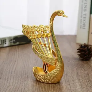 Dessert Spoon & Swan Design Holder, 1 Set Including 6 Counts Dessert Spoon & 1 Count Holder, Household Table Decoration, Dinnerware Service Set