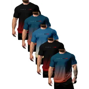 5pcs Pack Vibrant Gradient Short Sleeve Crew Collar T-Shirt for Men - Summer Casual Comfort Tee with Letter-Printed - Perfect Gift Idea