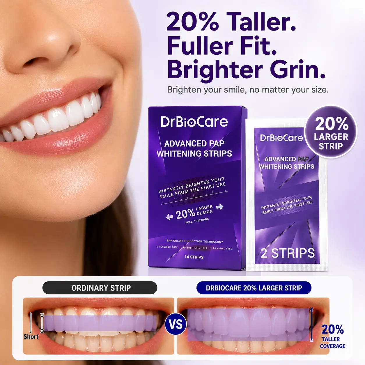 DrBioCare Oral Teeth Whitening Strips Kit - 20% Larger, Full Coverage, Advanced PAP, Fresh Mint, Easy Rinse, Non-Sensitive
