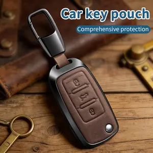 Key Fob Cover for Volkswagen, Zinc Alloy genuine leather Full Protector Case for VW Jetta Golf Polo Passat MK8 Tiguan Beetle Car Remote Smart Key Holder Accessories