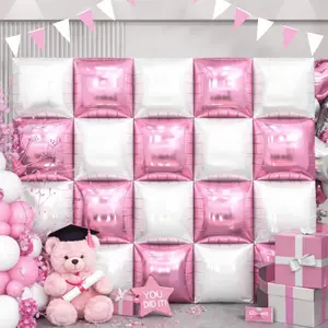 Pink and White Square Balloon, 20 PCS Double Sided Foil Balloons Wall Flat Square Balloon Backdrop for Girls Coquette Birthday Decoration Bridal Shower Party Decoration