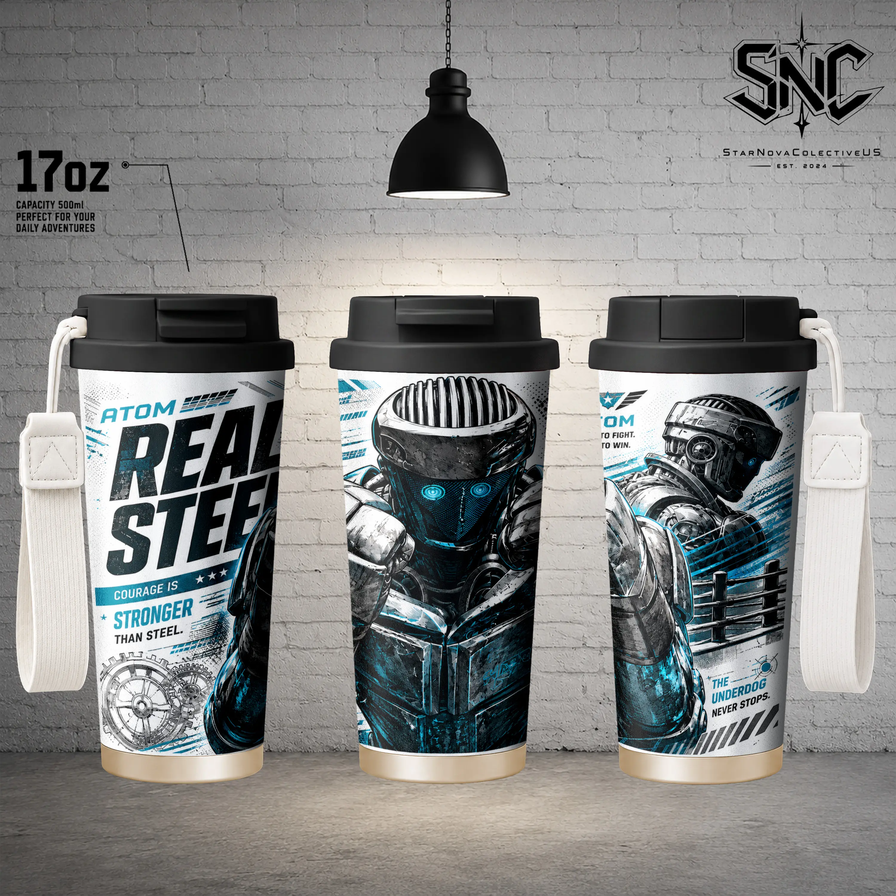 Atom Real Steel Insulated Stainless Steel Tumbler – 17oz, 24oz, 30oz Double Wall Vacuum Travel Coffee Mug with Leak-Resistant Lid | Boxing Robot Gift for Fans, Gym, Office, School & Everyday Use