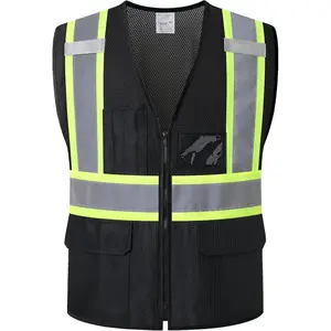Reflective Safety Vest for Men Women Hi Vis Vest with Pockets High Visibility Vest Mesh Construction Vests Meets ANSI/ISEA Standards (Black-33, Large)