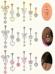 Women's Stainless Steel Belly Ring Set, Shiny Cz Butterfly Heart Pendant Design, Perfect Birthday Gift for All Seasons, Belly Button Jewelry