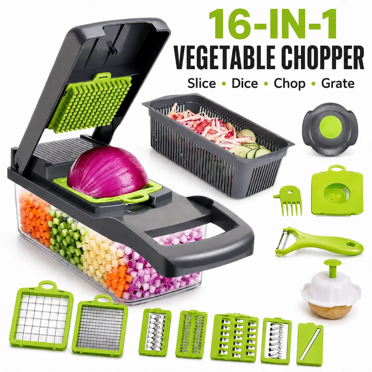 Vegetable Chopper Dicer with Container, 16-in-1 Cheese Grater Mandoline Slicer Cabbage Shredder French Fry Cutter, Stainless Steel Blade Food Chopper for Onion Potato Veggie Fruit, Handheld Manual Kitchen Gadget with Storage Box