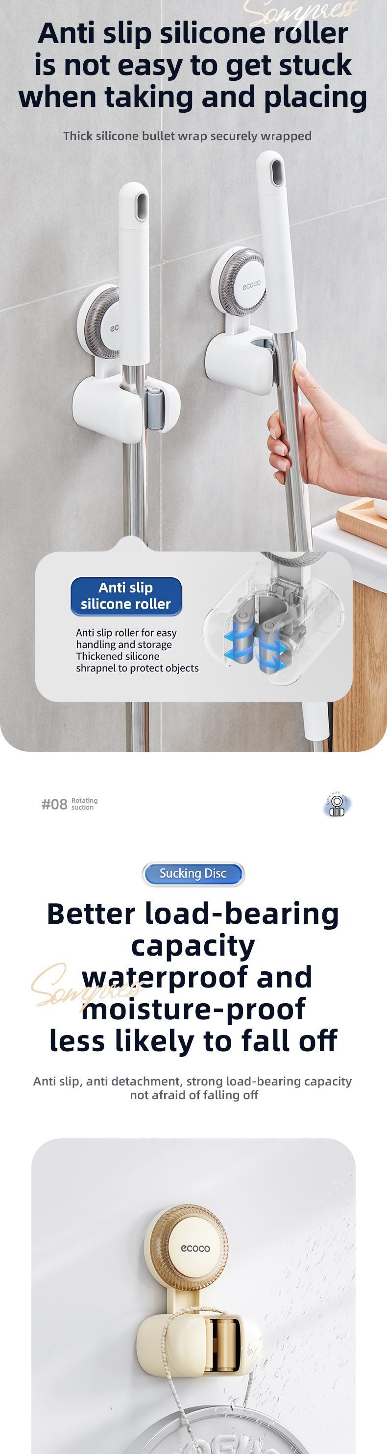 RENEMOS Suction Cup Mop Rack - Versatile Cleaning Tool Organizer for Utility Room & Shower - Non-Slip Grip - Waterproof & Reusable Wall Hanger - Secure Storage for Mop, Broom & Swiffer