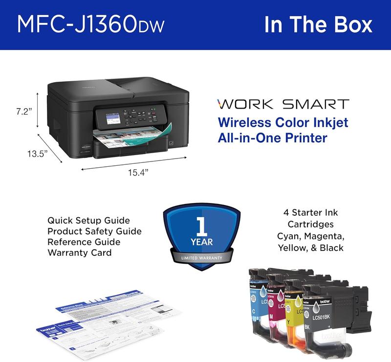 Work Smart 1360 Wireless Color Inkjet All-in-One Printer with Automatic Duplex Printing and 1.8” Color Display | Includes Refresh Subscription Trial(1) (MFC-J1360DW) (Uses LC501 Series Inks)