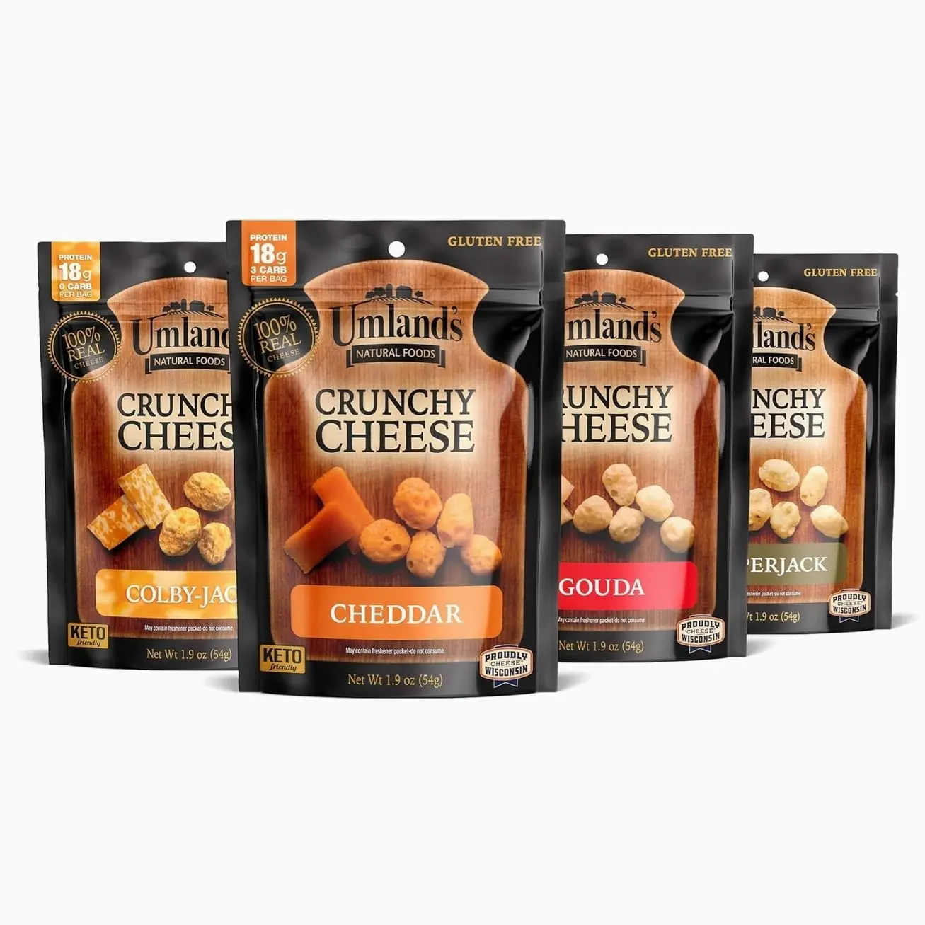 Umland’s Crunchy Cheese – Variety Pack (4 × 1.9 oz Bags) | Cheddar, Colby Jack, Pepper Jack, Gouda | Real Cheese, Keto, Low-Carb, High-Protein, Gluten-Free Snack