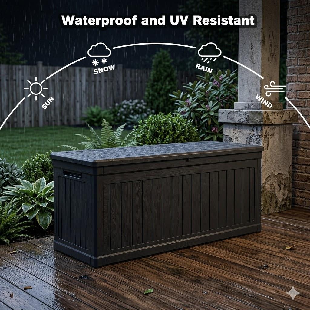 260 Gallon Outdoor Storage Deck Box with Seating Heavy Duty Waterproof Resin Bench for Patio Garden Backyard Poolside Organization Lockable Lid Easy Lift Wood Look Black Storage