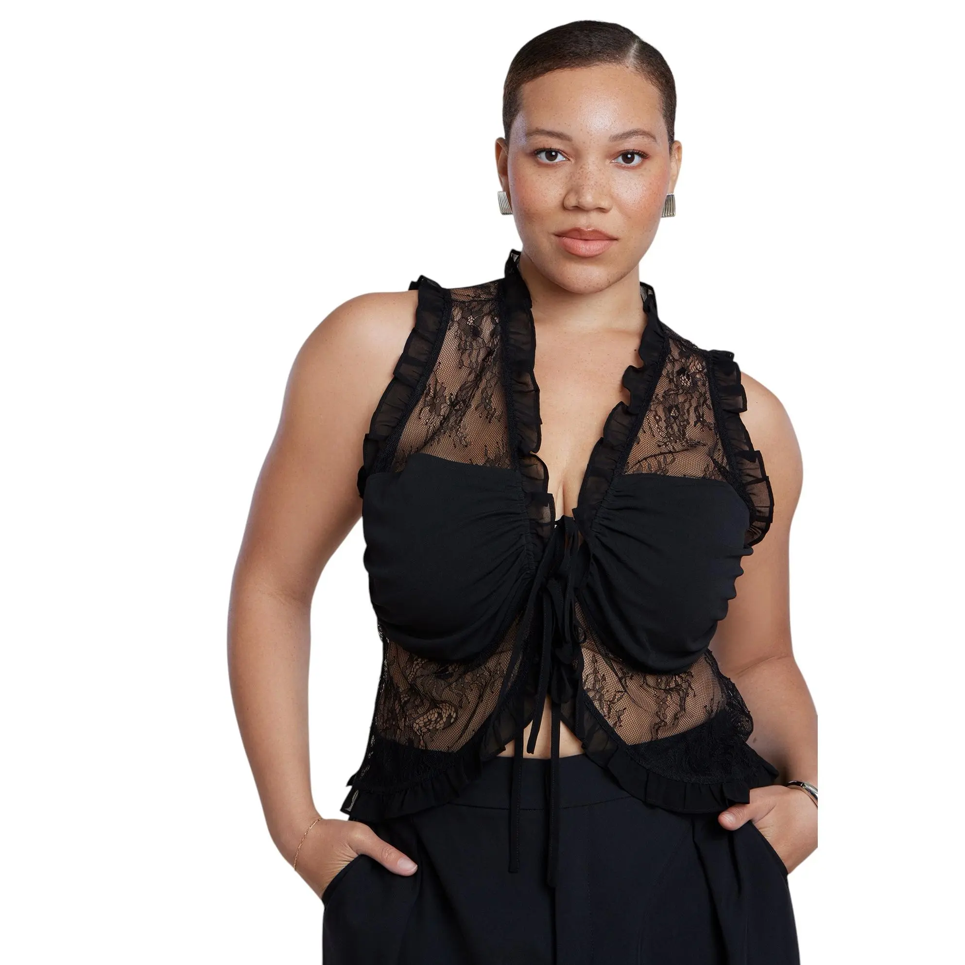 ELOQUII Women's Plus Size Ruffled Lace Top With Tie Detail