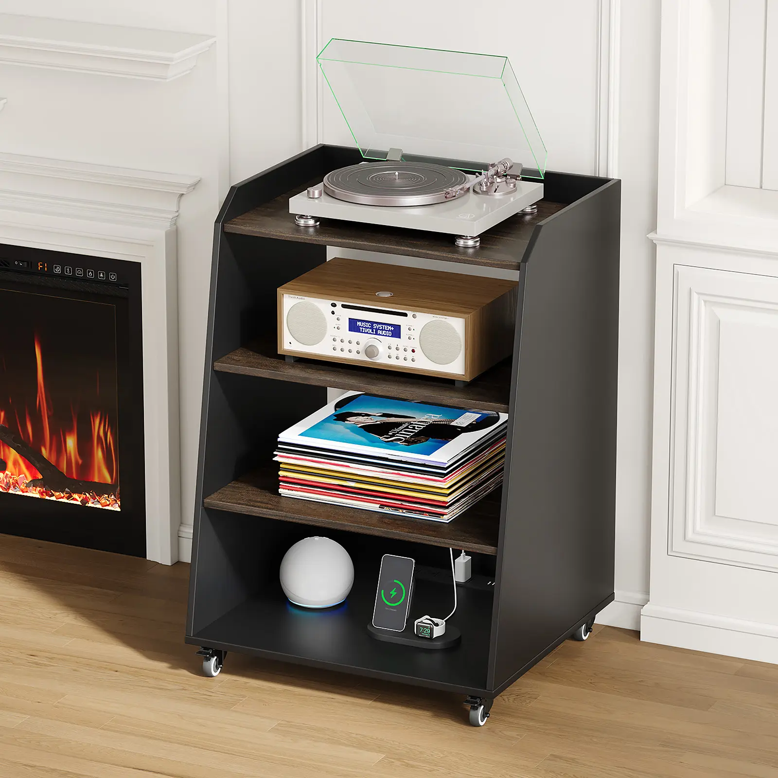 23.6" 4-Tier AV Media Stand with Wheels, Wooden Record Player Stand with LED Lights，Stereo Rack and Game Console Stand for Music Room, Living Room