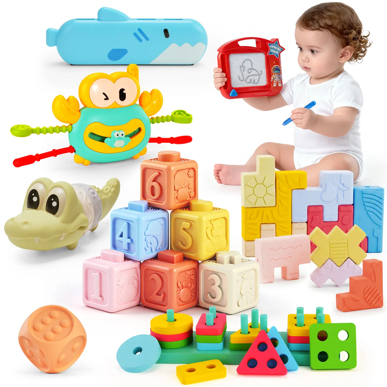 8-in-1 Baby Toy Set – Teething, Stacking, Learning & Sensory Play，Safe Silicone Blocks for Brain Development & Play outdoorfun summervibes Multi Activity Playset