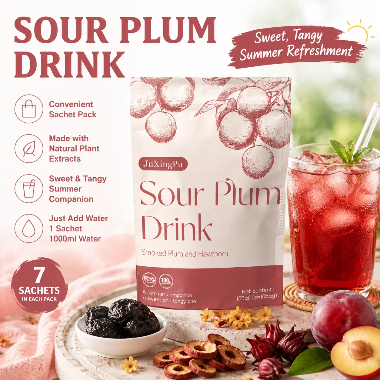 {Pre-sale}Sour Plum Drink Mix (Suan Mei Tang), Smoked Plum & Hawthorn Instant Beverage Powder, 10 Sachets, 100g