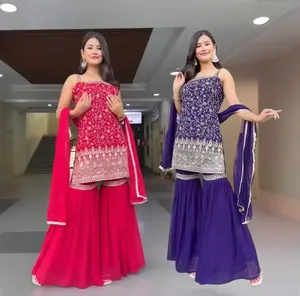 Sequin embroidery sleeveless sharara suit