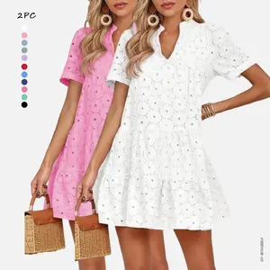 2PC Women’s Summer Lace Dresses Eyelet Casual Flowy Babydoll Swing Short Sleeve V Neck Tunic Dress