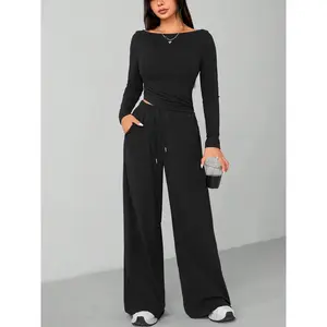Women's 2-Piece Brushed Fleece Lounge Set 210GSM Soft Comfort Fit Tracksuit for Home & Casual Wear Black