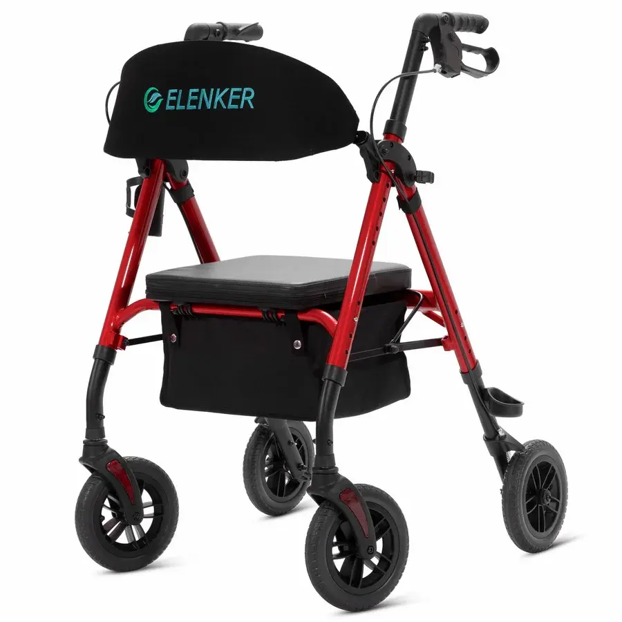 ELENKER Adjustable All-Terrain Rollator Walker for Seniors, 10” Non-Pneumatic Wheels, Sponge Padded Cushion, Backrest, Holder, Fully Adjustable Frame, Model KLD-9218-10